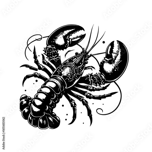 Detailed Black and White Illustration of a Clawed Lobster with Intricate Textures.