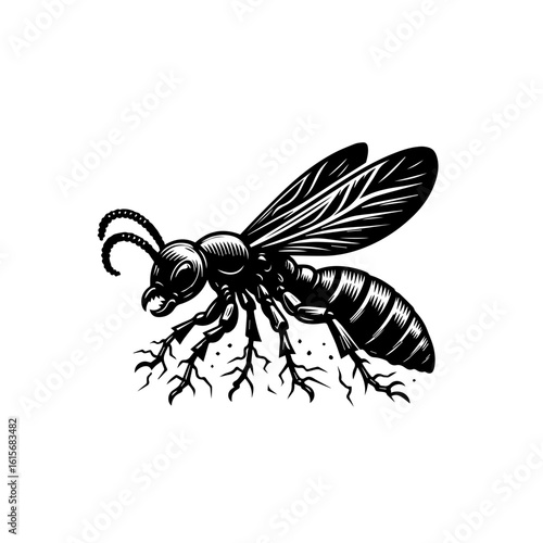 Detailed Black and White Illustration of a Wasp with Intricate Wing Veins.