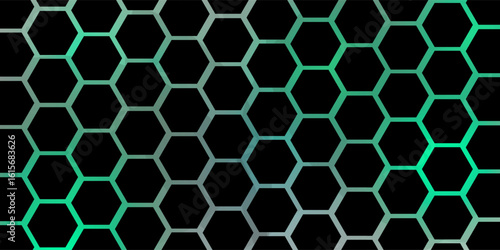 Hexagonal cyberspace green background. Hexagon grid tech pattern.