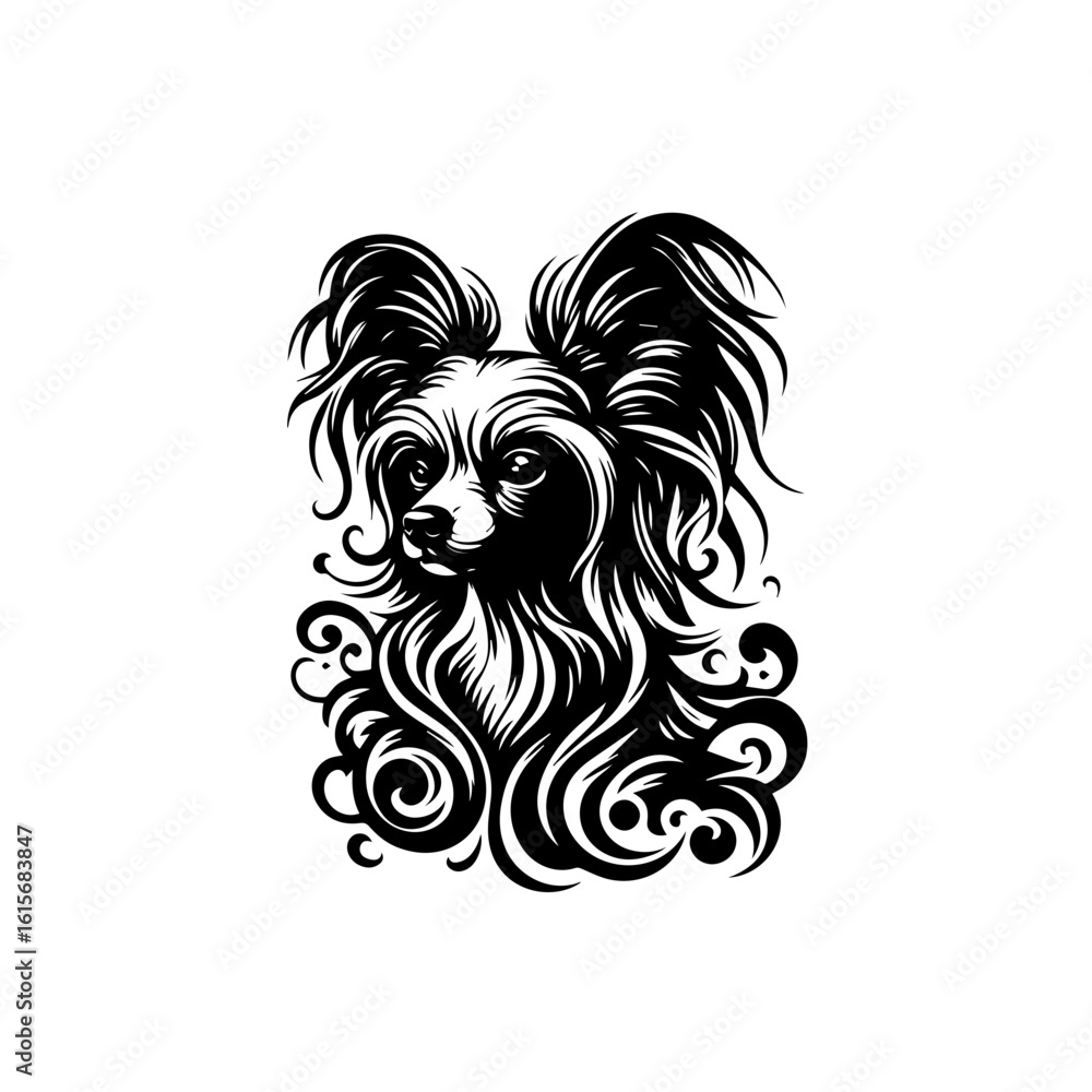 Fototapeta premium Elegant Black and White Papillon Dog Portrait with Swirling Ornate Details.
