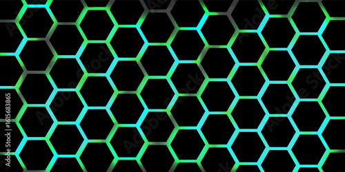 Hexagonal cyberspace green background. Hexagon grid tech pattern.