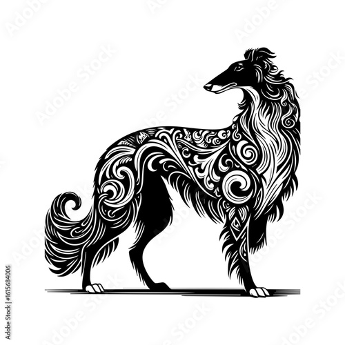 Elegant Black Silhouette of a Borzoi Dog with Intricate Swirling Ornate Patterns.