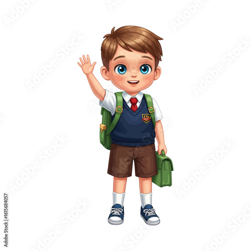 Cheerful schoolboy waving goodbye, ready for school.