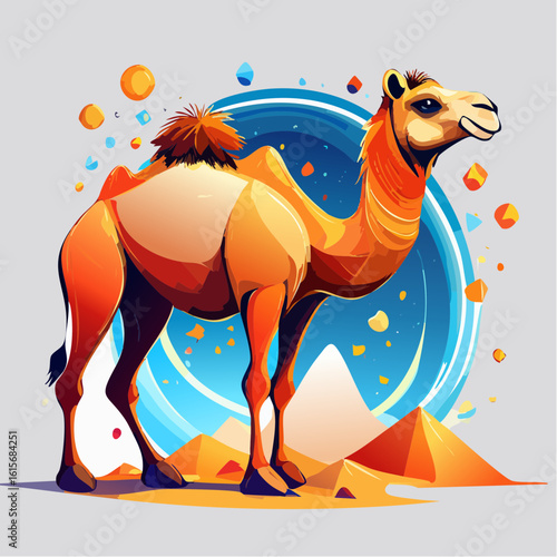 Whimsical Camel Illustration in the Desert with Geometric Shapes and Vivid Colors