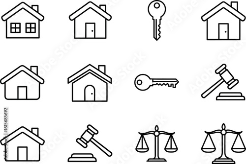 Real estate law icons set house key gavel and scale vector