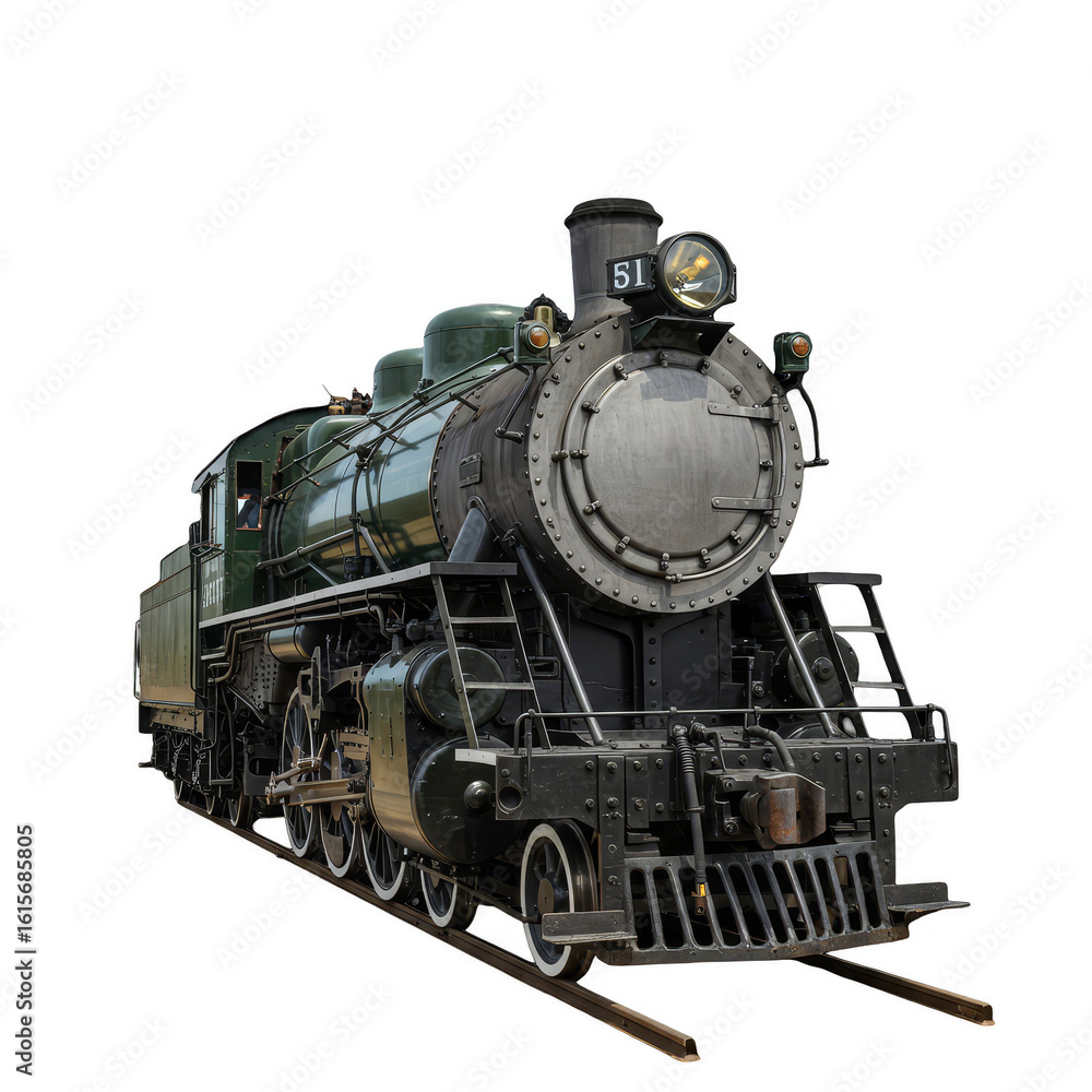 Naklejka premium Isolated PNG: Vintage Green Steam Train on Transparent Background