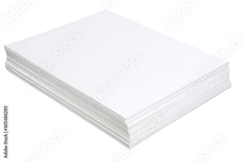 Neat stack of white blank paper sheets arranged in perfect square formation, isolated on a transparent background