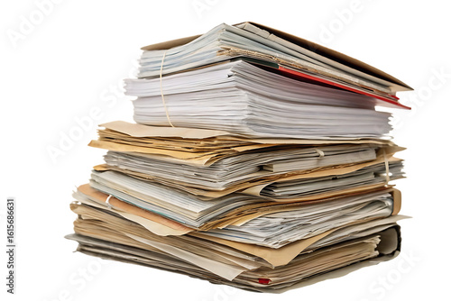 Messy pile of aged documents folders papers magazines stacked haphazardly with visible wear and discoloration, isolated on a transparent background