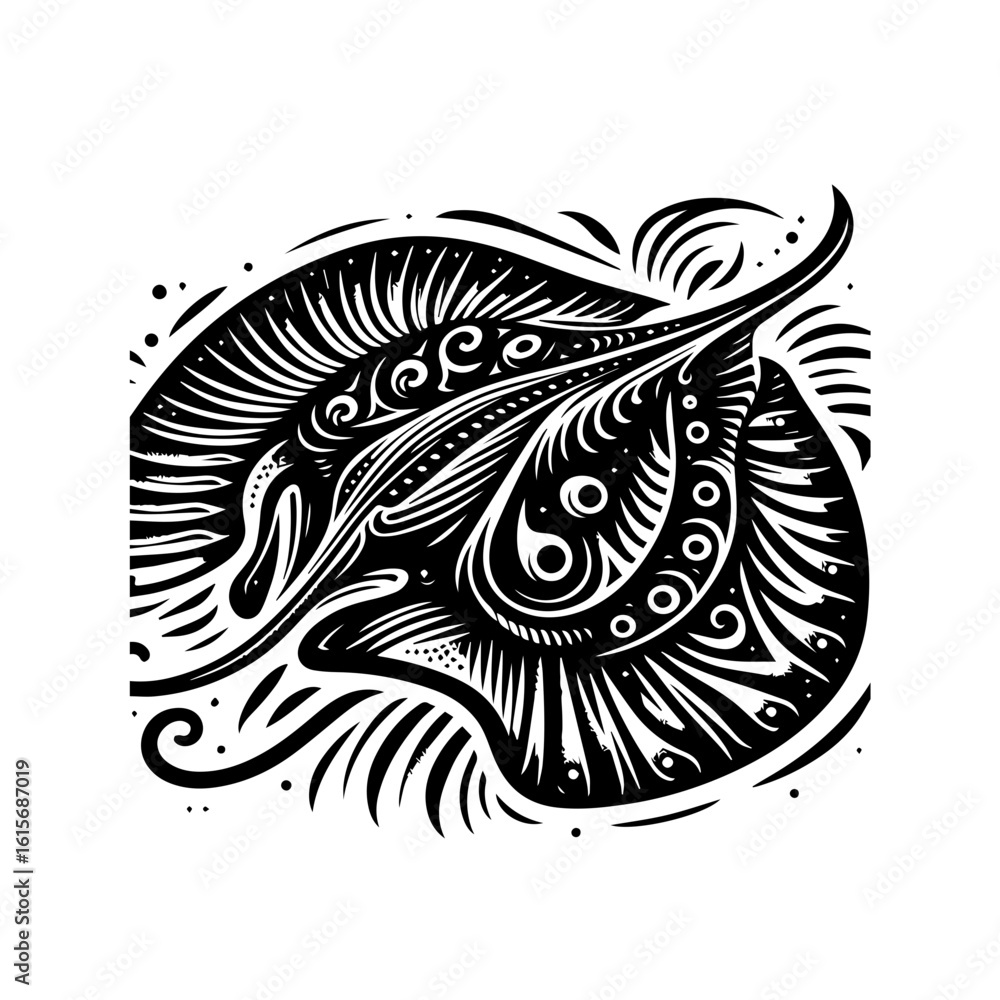 Obraz premium Intricate Black and White Tribal Stingray Design with Swirling Patterns.
