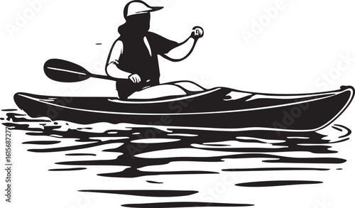 Person Kayaking Alone On Calm Waters In A Black And White Graphic Art Style Illustration