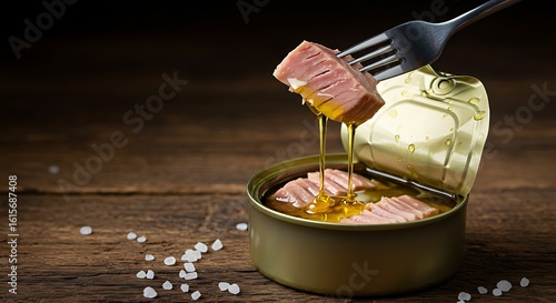 Fork lifting a slice of tuna from an open can of tuna in oil on a wooden table.