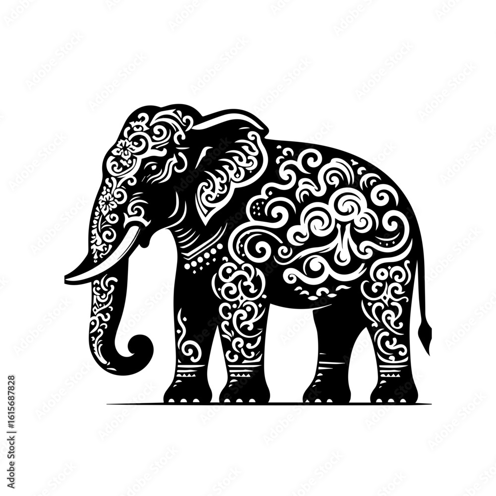 Fototapeta premium Intricately Decorated Black Elephant Silhouette with Swirling White Ornate Patterns.