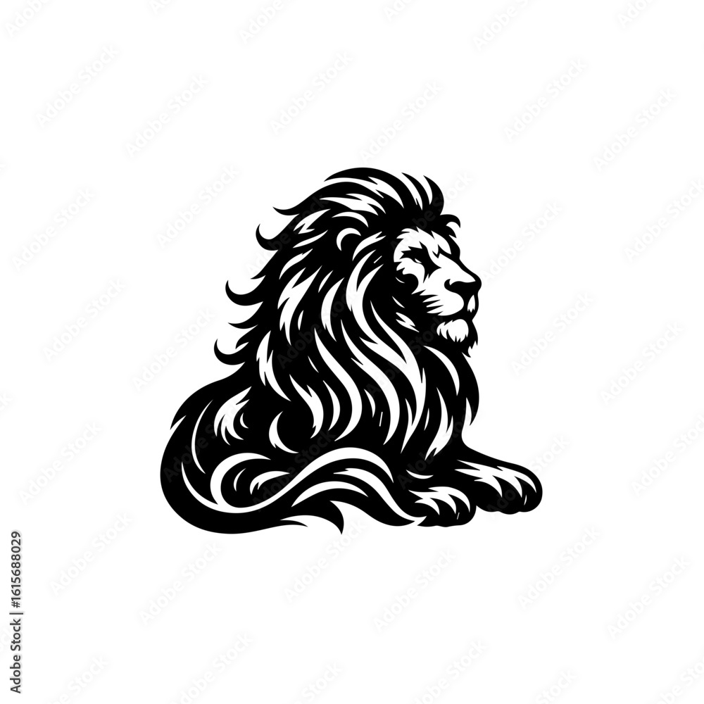 Fototapeta premium Majestic Black and White Stylized Lion Emblem with Flowing Mane.