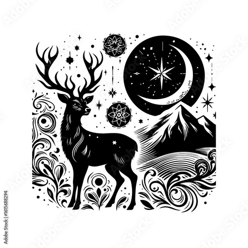 Majestic Black Stag with Antlers Amidst Celestial Mountain Scenery.