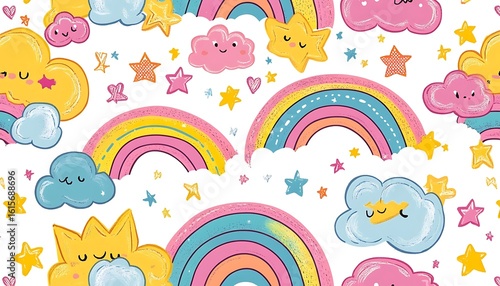 Cute rainbows seamless pattern make from colorful rainbow clouds stars Kids baby background. seamless pattern made from rainbows, clouds and stars.

