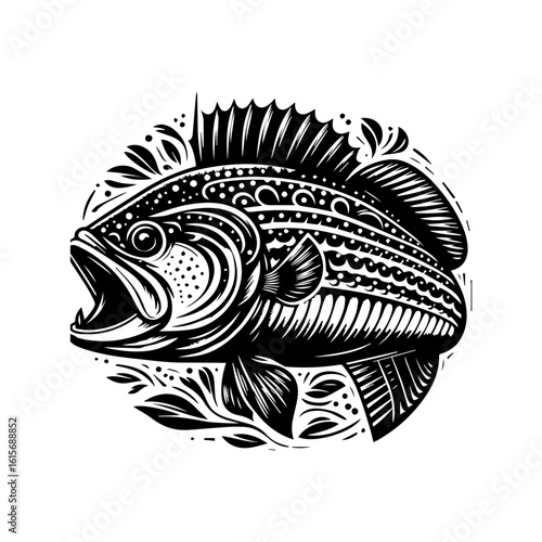 Ornate Black and White Bass Fish with Open Mouth and Decorative Elements.