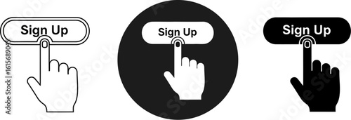 Hand cursor clicking sign up button in three styles