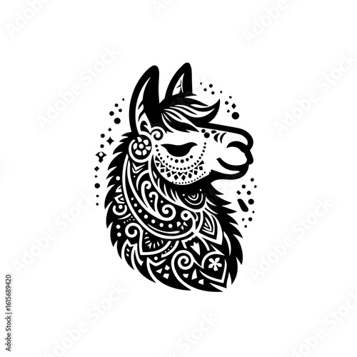 Ornate Black Llama Head with Intricate Tribal Mandala Patterns.