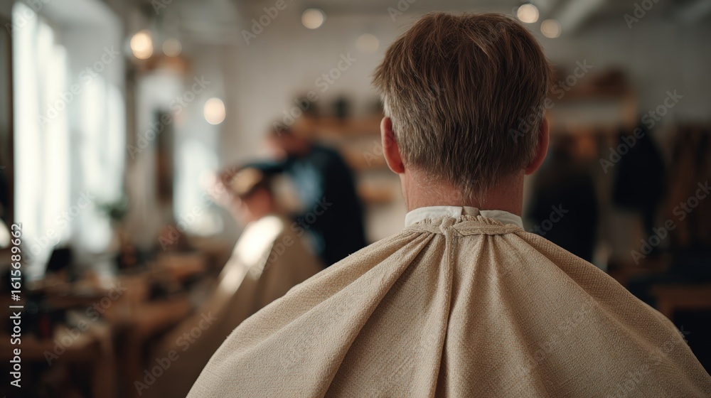 Fototapeta premium Man haircut session in a cozy earthy-toned grooming studio with a faceless man wearing a beige cape
