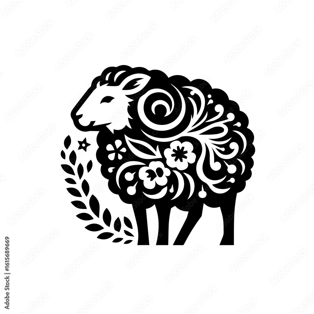 Fototapeta premium Ornate Black Silhouette of a Sheep with Floral Embellishments.