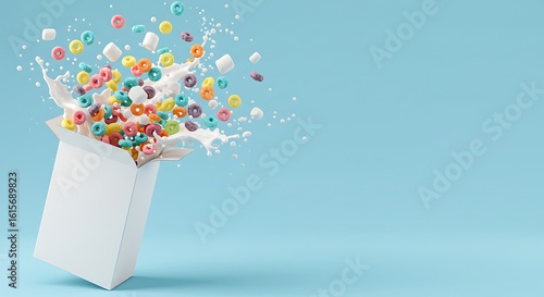 Colorful cereal bursts from an open box, milk splashing around in a vibrant, energetic display.