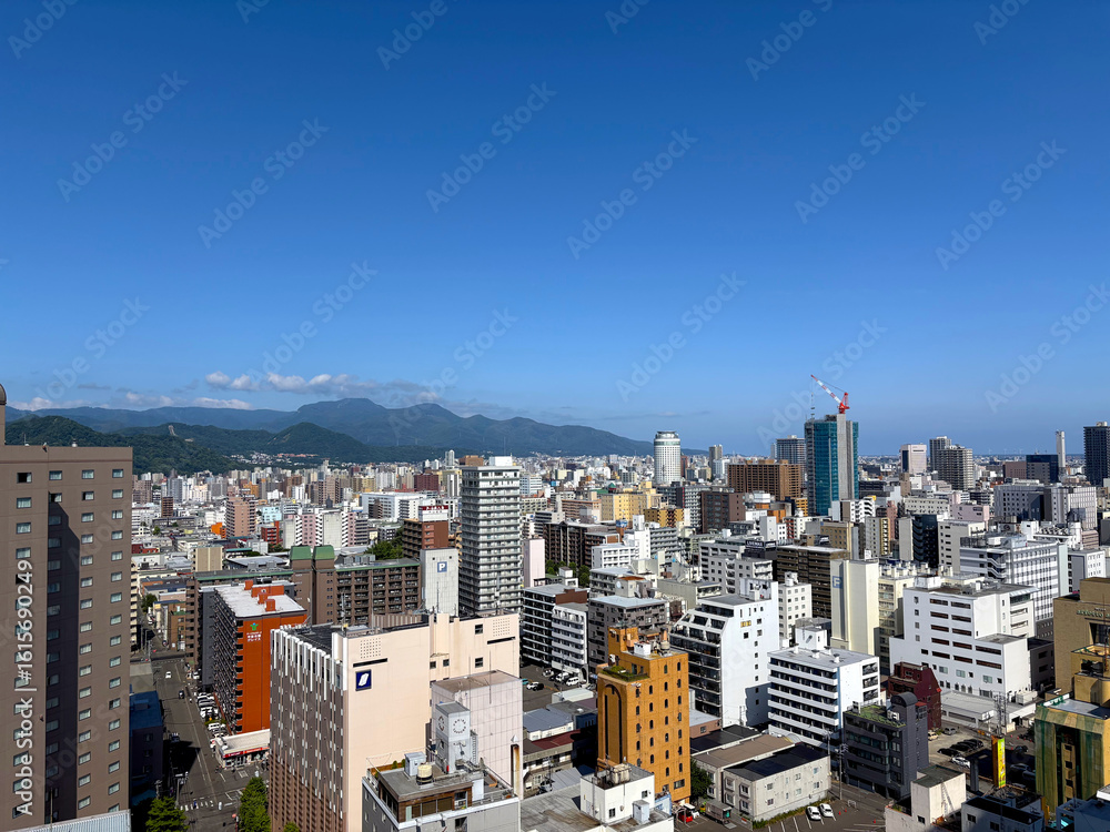 A bright, sunny day over the cityscape of Sapporo in summer. Skyscrapers and residential buildings stretch into the horizon, revealing the urban layout of Hokkaido's largest city. Nature background. A bright, sunny day over the cityscape of Sapporo in summer. Skyscrapers and residential buildings stretch into the horizon, revealing the urban layout of Hokkaido's largest city. Nature background.