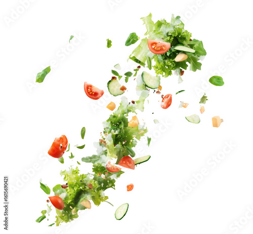 Fresh healthy salad with floating lettuce tomatoes cucumbers and cheese on transparent background