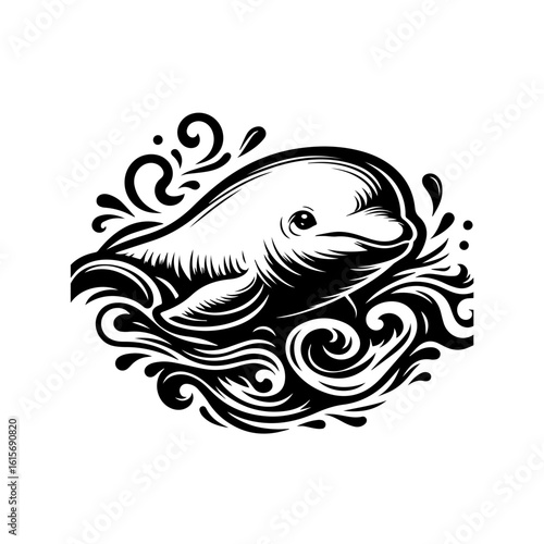 Stylized Black and White Dolphin Emerging from Swirling Water Waves.