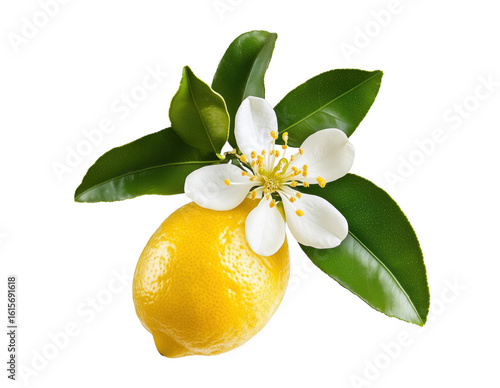Fresh lemon fruit with white blossom and green leaves isolated on a transparent background