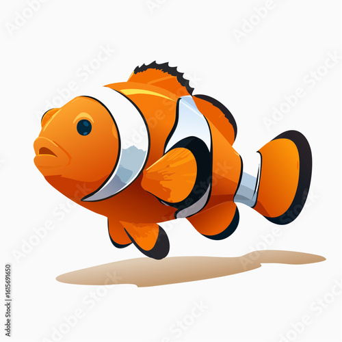 Cartoon clownfish swimming gracefully with vibrant colors and white stripes illustration