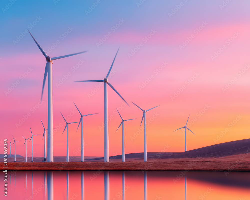 Fototapeta premium Earth Saving Water Stewardship Concept, Wind turbines stand tall against vibrant sunset sky reflecting calm water, showcasing earth stewardship