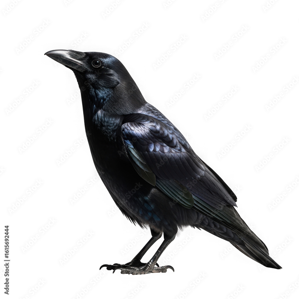 Fototapeta premium A detailed close up of a shiny black crow standing alertly isolated on transparent background