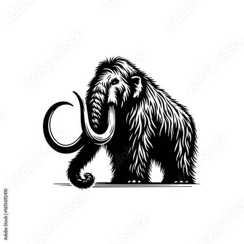 Stylized Black and White Illustration of a Woolly Mammoth with Curved Tusks.