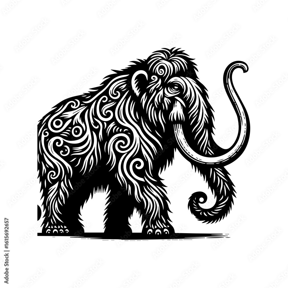 Fototapeta premium Stylized Black and White Mammoth with Intricate Swirling Patterns.