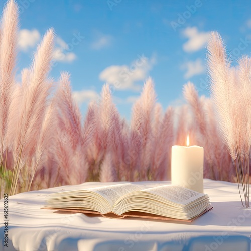 Open book and candle on a table amidst pink pampas grass.