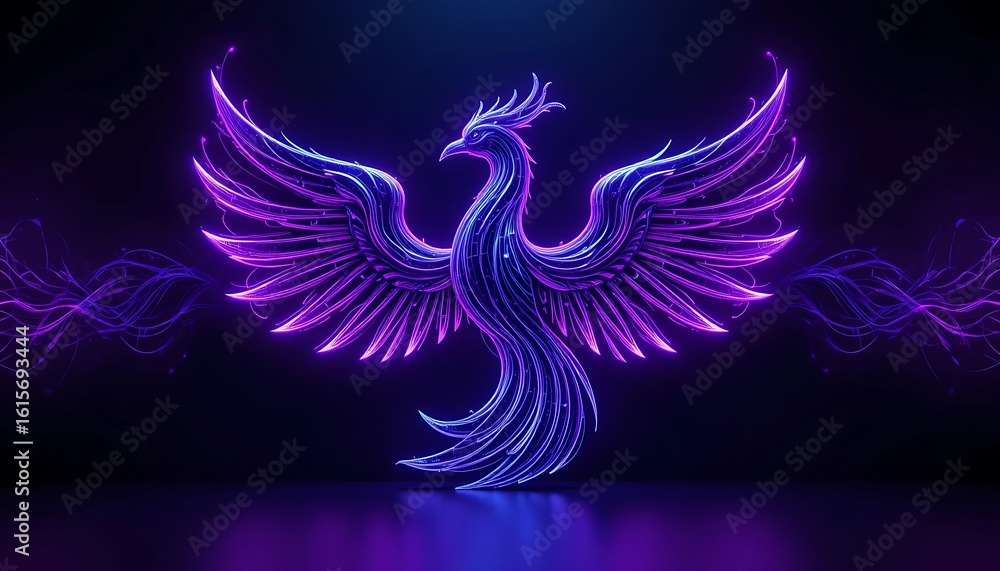 Fototapeta premium Glowing Neon Phoenix Bird with Majestic Purple Wings