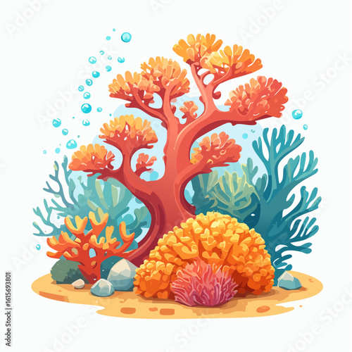 Vibrant coral reef illustration with diverse marine flora and colorful underwater ecosystem