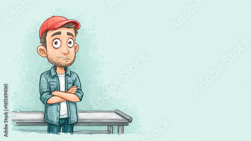 Wallpaper Mural Worker cartoon, A cartoon man with a cap stands thoughtfully, arms crossed against a light background. Torontodigital.ca