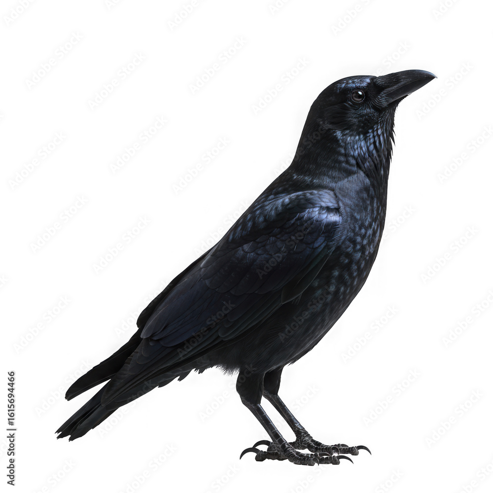 Fototapeta premium A detailed black crow with iridescent feathers standing alert isolated on transparent background