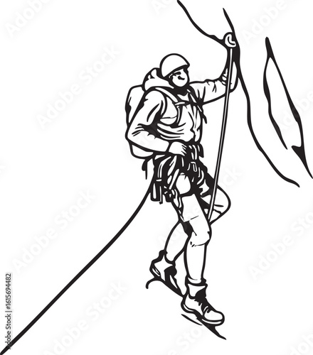 Isolated Black And White Illustration Of A Mountain Climber Scaling Rocky Terrain