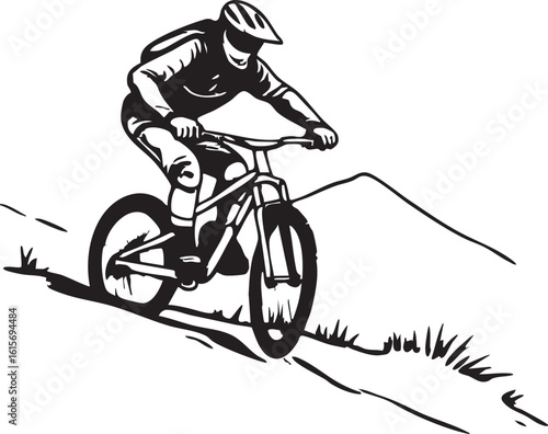 Cyclist Ascending a Slope on a Mountain Bike Illustration in Black and White Artwork