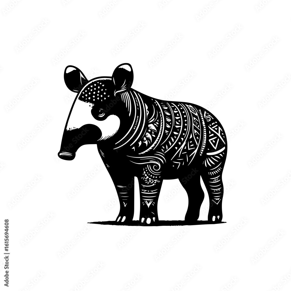 Fototapeta premium Stylized Black and White Tapir with Intricate Tribal Patterns.