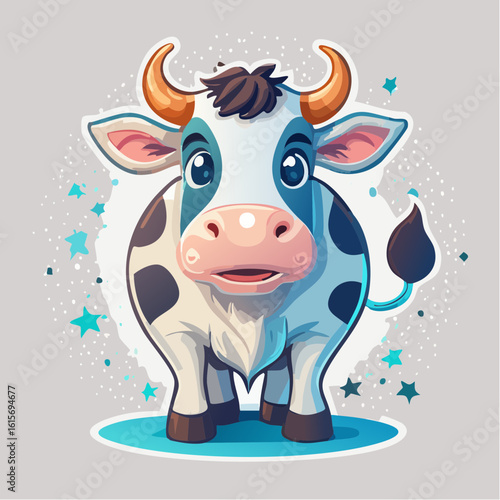 Charming cartoon cow illustration with whimsical details and vibrant background elements