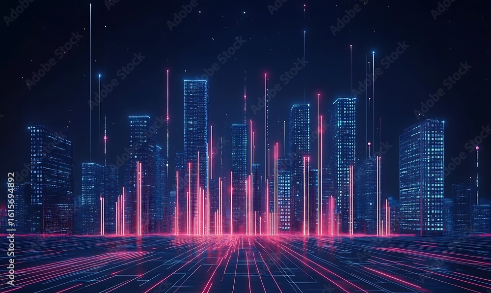 Fototapeta premium Futuristic Digital Cityscape with Neon Glowing Lines and High-Tech Circuit Board Elements in Cyber Space