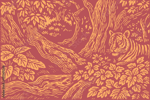 A wild tiger hides among trees and foliage in a dense tropical jungle. Detailed vector illustration in a vintage, hand-drawn woodcut or linocut style.