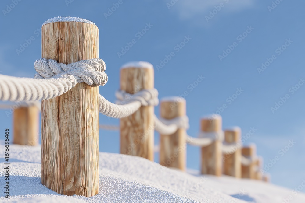 Naklejka premium Snowy wooden posts with rope