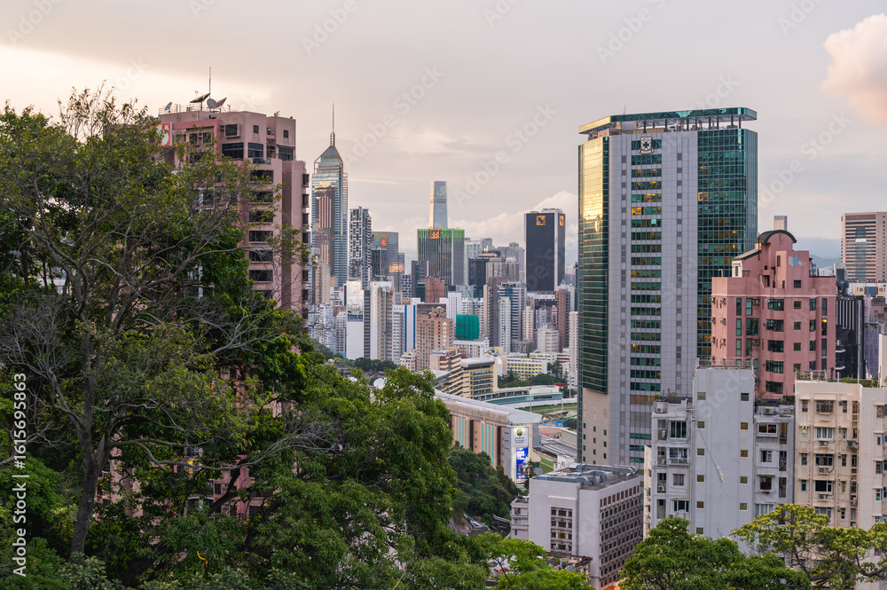 Fototapeta premium View to the skyscarpers of Hong Kong from Blue Pool Road. Cityscape and an endless array of skyscrapers. Hong Kong, China - 18 May 2025