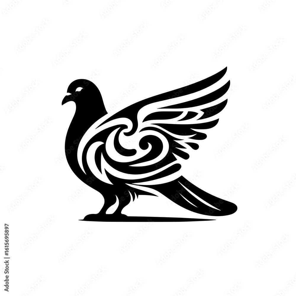 Obraz premium Stylized Black Silhouette of a Dove with Ornate Tribal Wing Patterns.