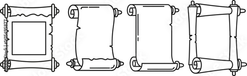 Four hand drawn scrolls with wooden rods on white background
