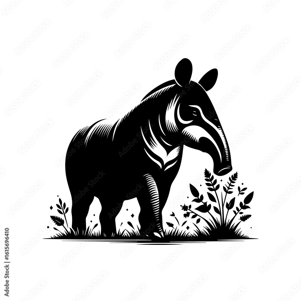 Fototapeta premium Stylized Black Silhouette of a Tapir Amidst Foliage.